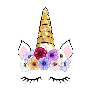 Şirin tek boynuzlu at başı çiçek tacı olan