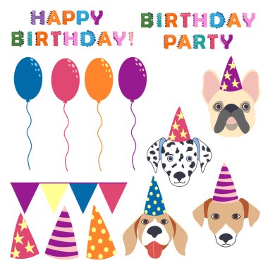 Köpek doğum günü partisi. Düz stil çizimli şirin bir köpek.
