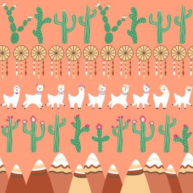 Lamalar, kaktüsler, Alpler dağları, düş kapanı, gökkuşakları ve kalpler. Çocuk odası tasarımı, baskılı kumaş, duvar kağıdı, ambalaj