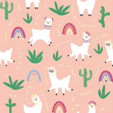 Lamalar, kaktüsler, Alpler dağları, düş kapanı, gökkuşakları ve kalpler. Çocuk odası tasarımı, baskılı kumaş, duvar kağıdı, ambalaj