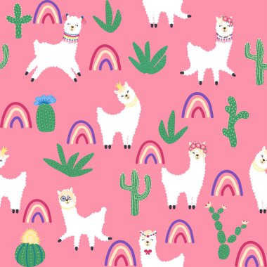 Lamalar, kaktüsler, Alpler dağları, düş kapanı, gökkuşakları ve kalpler. Çocuk odası tasarımı, baskılı kumaş, duvar kağıdı, ambalaj