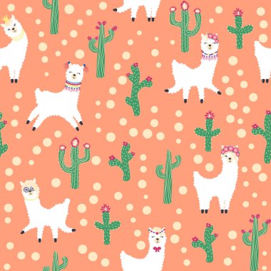 Lamalar, kaktüsler, Alpler dağları, düş kapanı, gökkuşakları ve kalpler. Çocuk odası tasarımı, baskılı kumaş, duvar kağıdı, ambalaj