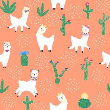 Lamalar, kaktüsler, Alpler dağları, düş kapanı, gökkuşakları ve kalpler. Çocuk odası tasarımı, baskılı kumaş, duvar kağıdı, ambalaj