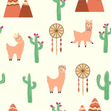 Lamalar, kaktüsler, Alpler dağları, düş kapanı, gökkuşakları ve kalpler. Çocuk odası tasarımı, baskılı kumaş, duvar kağıdı, ambalaj