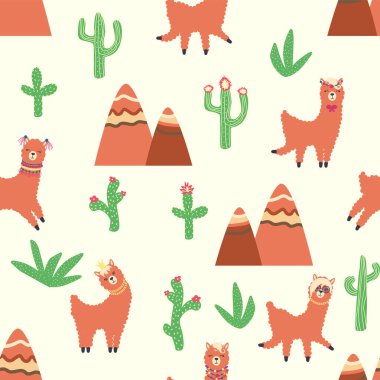 Lamalar, kaktüsler, Alpler dağları, düş kapanı, gökkuşakları ve kalpler. Çocuk odası tasarımı, baskılı kumaş, duvar kağıdı, ambalaj