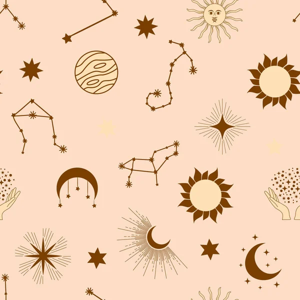 Modèle Sans Couture Magique Avec Constellations Soleil Lune Yeux Magiques — Image vectorielle