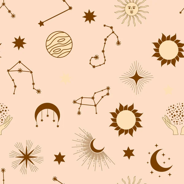 Patrón Mágico Sin Costuras Con Constelaciones Sol Luna Ojos Mágicos — Vector de stock