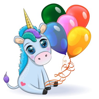 Mavi tek boynuzlu at oturuyor. Şirin bebek kartı, koca gözlü bebek..