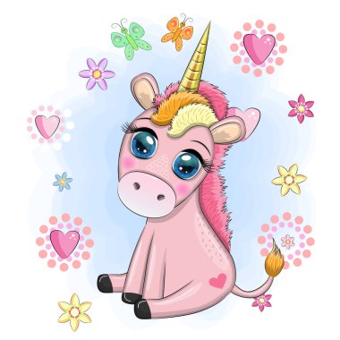 Pembe tek boynuzlu at oturuyor. Şirin bebek kartı, koca gözlü bebek kız..