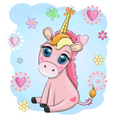 Pembe tek boynuzlu at oturuyor. Şirin bebek kartı, koca gözlü bebek kız..