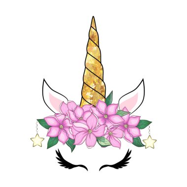 Şirin tek boynuzlu at başı çiçek tacı olan