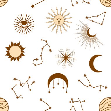 Takımyıldızları, güneşi, ayı, sihirli gözleri, bulutları ve yıldızları olan kusursuz bir şablon. Tasarım için gizemli arkaplan