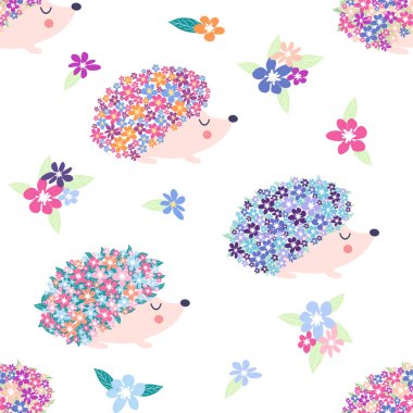 Çiçekli çiçek kirpisi ve beyaz arka planda şirin kirpiler olan kusursuz çocuksu desenler.