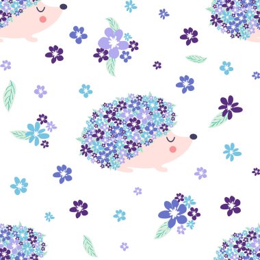 Çiçekli çiçek kirpisi ve beyaz arka planda şirin kirpiler olan kusursuz çocuksu desenler.
