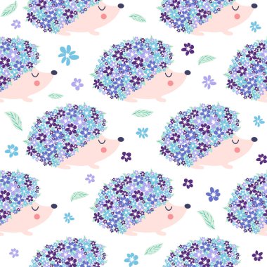 Çiçekli çiçek kirpisi ve beyaz arka planda şirin kirpiler olan kusursuz çocuksu desenler.