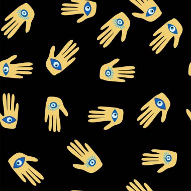 Hamsa gözü, sihirli göz kusursuz desen. Büyü, büyücülük, okült sembol. Mavi, beyaz, altın gözler. Kumaş tekstil duvar kağıdı