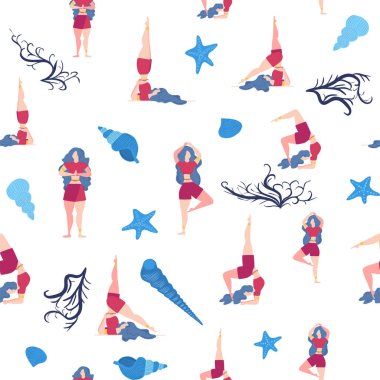 Kusursuz desen artı yoga dersi alan kıvrımlı hatunlar. Çevrimiçi ev antrenmanı konsepti. Vücut pozitif. Çekici Amerikalı kadın..