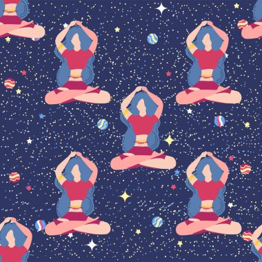 Kusursuz desen artı yoga dersi alan kıvrımlı hatunlar. Çevrimiçi ev antrenmanı konsepti. Vücut pozitif. Çekici Amerikalı kadın..