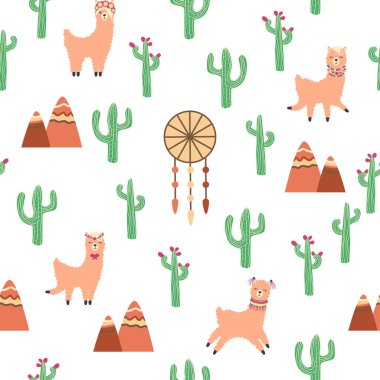 Lamalar, kaktüsler, Alpler dağları, düş kapanı, gökkuşakları ve kalpler. Çocuk odası tasarımı, baskılı kumaş, duvar kağıdı, ambalaj