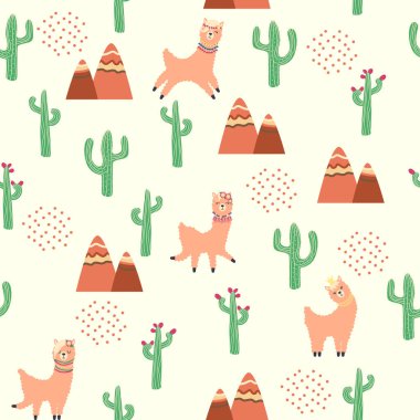 Lamalar, kaktüsler, Alpler dağları, düş kapanı, gökkuşakları ve kalpler. Çocuk odası tasarımı, baskılı kumaş, duvar kağıdı, ambalaj