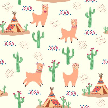 Lamalar, kaktüsler, Alpler dağları, düş kapanı, gökkuşakları ve kalpler. Çocuk odası tasarımı, baskılı kumaş, duvar kağıdı, ambalaj