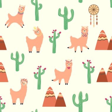 Lamalar, kaktüsler, Alpler dağları, düş kapanı, gökkuşakları ve kalpler. Çocuk odası tasarımı, baskılı kumaş, duvar kağıdı, ambalaj