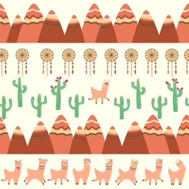 Lamalar, kaktüsler, Alpler dağları, düş kapanı, gökkuşakları ve kalpler. Çocuk odası tasarımı, baskılı kumaş, duvar kağıdı, ambalaj