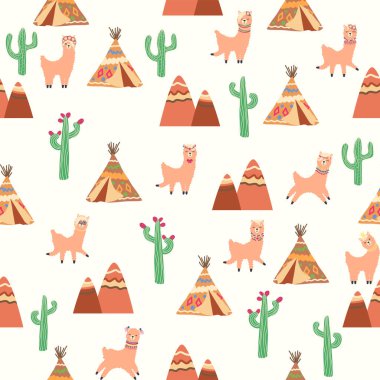 Lamalar, kaktüsler, Alpler dağları, düş kapanı, gökkuşakları ve kalpler. Çocuk odası tasarımı, baskılı kumaş, duvar kağıdı, ambalaj