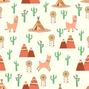 Lamalar, kaktüsler, Alpler dağları, düş kapanı, gökkuşakları ve kalpler. Çocuk odası tasarımı, baskılı kumaş, duvar kağıdı, ambalaj