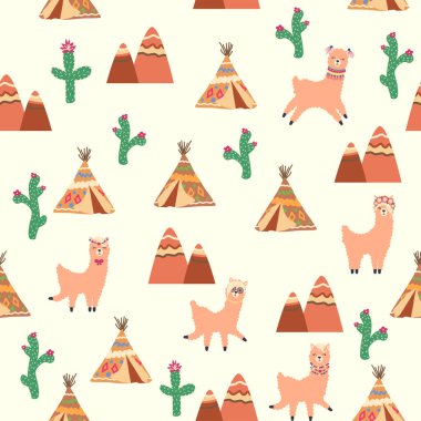 Lamalar, kaktüsler, Alpler dağları, düş kapanı, gökkuşakları ve kalpler. Çocuk odası tasarımı, baskılı kumaş, duvar kağıdı, ambalaj