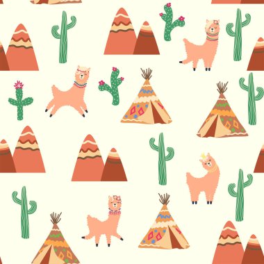 Lamalar, kaktüsler, Alpler dağları, düş kapanı, gökkuşakları ve kalpler. Çocuk odası tasarımı, baskılı kumaş, duvar kağıdı, ambalaj