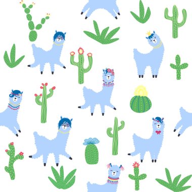 Lamalar, kaktüsler, Alpler dağları, düş kapanı, gökkuşakları ve kalpler. Çocuk odası tasarımı, baskılı kumaş, duvar kağıdı, ambalaj