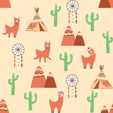 Lamalar, kaktüsler, Alpler dağları, düş kapanı, gökkuşakları ve kalpler. Çocuk odası tasarımı, baskılı kumaş, duvar kağıdı, ambalaj