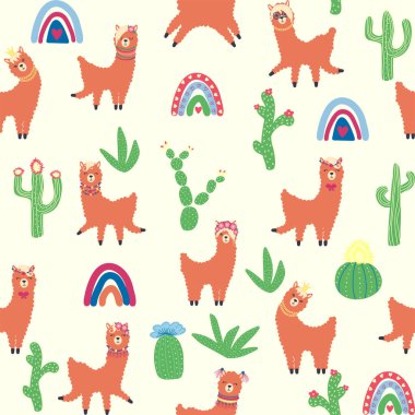 Lamalar, kaktüsler, Alpler dağları, düş kapanı, gökkuşakları ve kalpler. Çocuk odası tasarımı, baskılı kumaş, duvar kağıdı, ambalaj