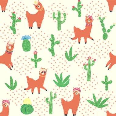 Lamalar, kaktüsler, Alpler dağları, düş kapanı, gökkuşakları ve kalpler. Çocuk odası tasarımı, baskılı kumaş, duvar kağıdı, ambalaj