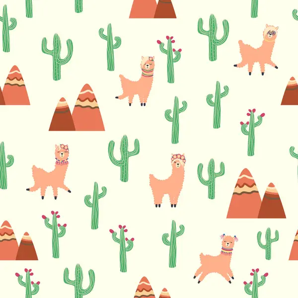 Lamalar, kaktüsler, Alpler dağları, düş kapanı, gökkuşakları ve kalpler. Çocuk odası tasarımı, baskılı kumaş, duvar kağıdı, ambalaj