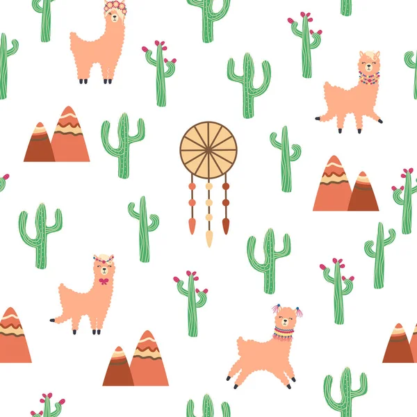 Lamalar, kaktüsler, Alpler dağları, düş kapanı, gökkuşakları ve kalpler. Çocuk odası tasarımı, baskılı kumaş, duvar kağıdı, ambalaj