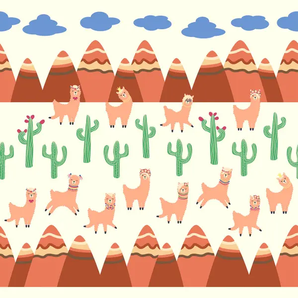 Lamalar, kaktüsler, Alpler dağları, düş kapanı, gökkuşakları ve kalpler. Çocuk odası tasarımı, baskılı kumaş, duvar kağıdı, ambalaj