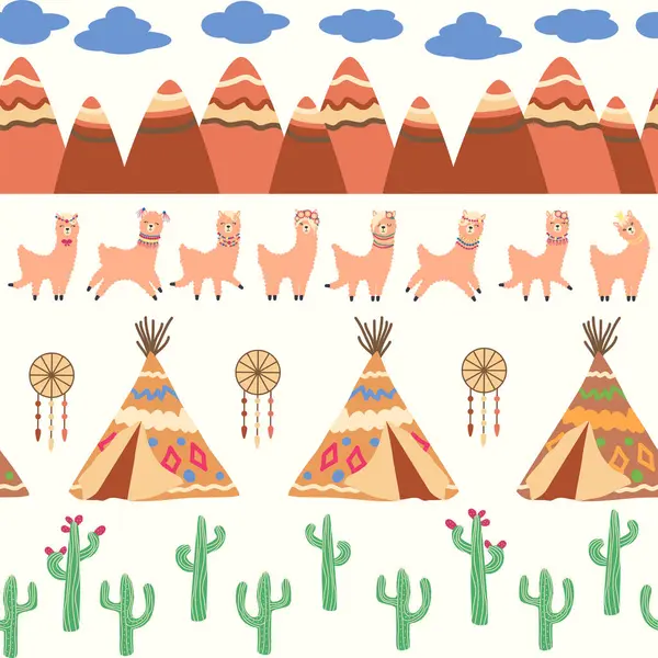 Lamalar, kaktüsler, Alpler dağları, düş kapanı, gökkuşakları ve kalpler. Çocuk odası tasarımı, baskılı kumaş, duvar kağıdı, ambalaj