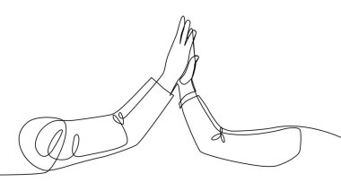 Continuous line of men giving high fives gesture hands to celebrate success. Business teamwork concept. clipart