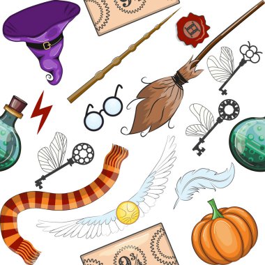 Magic items seamless pattern in flat style. School of Magic. Pumpkin, key, magic ball, feather, spider, hat, broom skull snake clipart