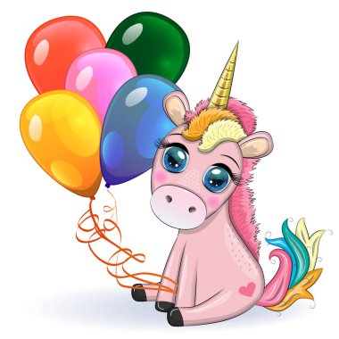 Pembe tek boynuzlu at oturuyor. Şirin bebek kartı, koca gözlü bebek..