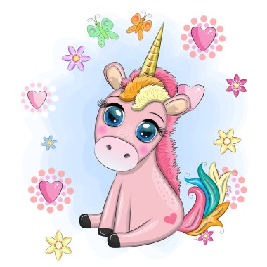 Pembe tek boynuzlu at oturuyor. Şirin bebek kartı, koca gözlü bebek kız..