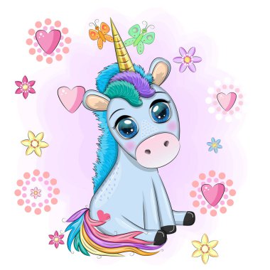 Mavi tek boynuzlu at oturuyor. Şirin bebek kartı, koca gözlü bebek..