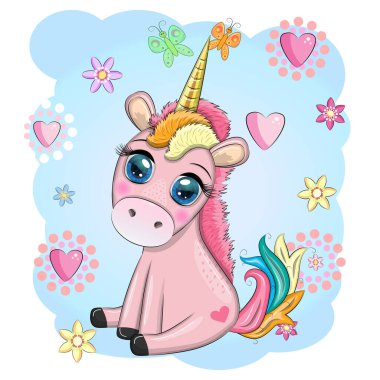 Pembe tek boynuzlu at oturuyor. Şirin bebek kartı, koca gözlü bebek kız..