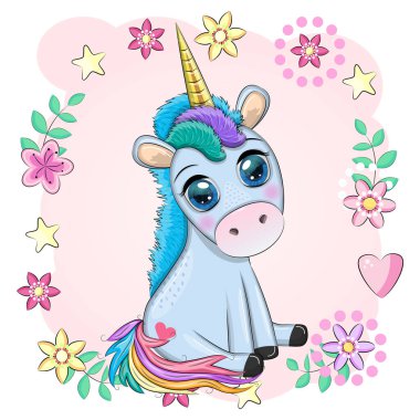 Mavi tek boynuzlu at oturuyor. Şirin bebek kartı, koca gözlü bebek..