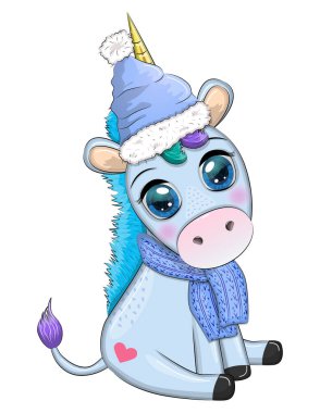 Cute cartoon unicorn in santa hat with gift, christmas ball, candy kane. New Year and Christmas holiday. clipart