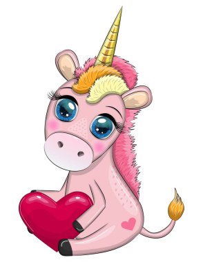 Pembe tek boynuzlu at oturuyor. Şirin bebek kartı, koca gözlü bebek kız..