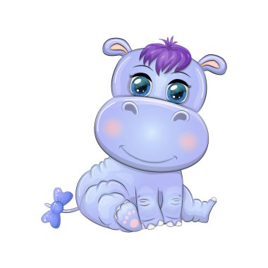 Hippopotamus çizgi film karakteri, çelenk takan vahşi hayvan, bahar geliyor. Parlak gözlü karakter.