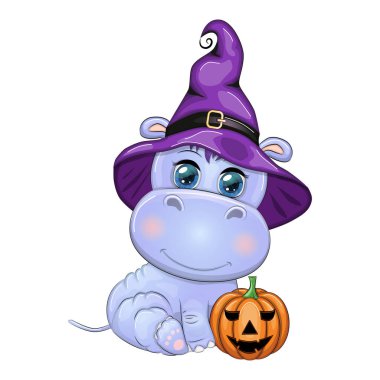 Mor cadı şapkası ve pelerinli bir iksirle çizgi film suaygırı. Cadılar Bayramı posteri.